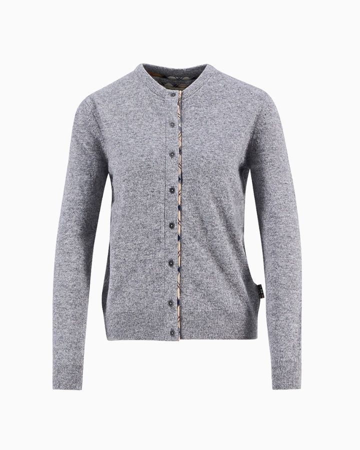 Flat lay of Barbour Pendle cardigan in grey showing full button front and neat structure