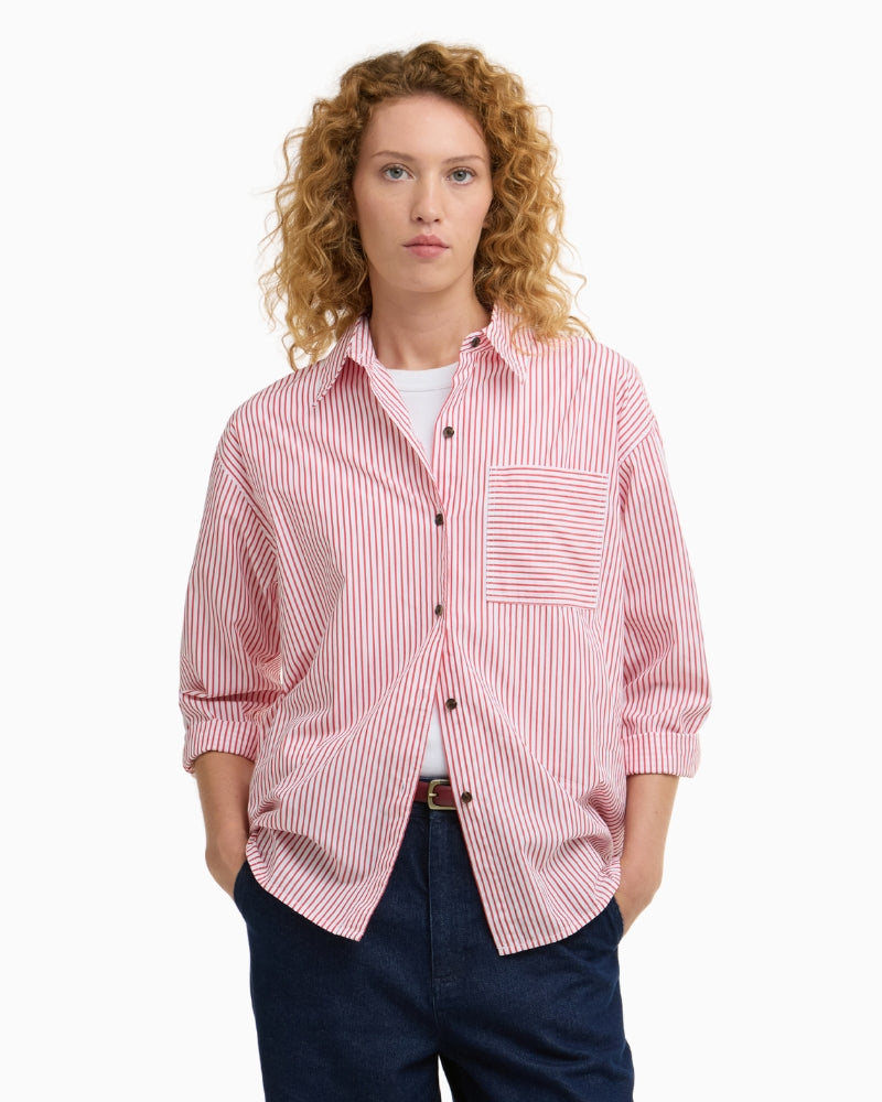 Barbour Polly striped shirt red, woman wearing front view – Áines Boutique
