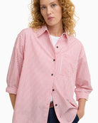 Barbour Polly striped shirt red, front detail view – Áines Boutique