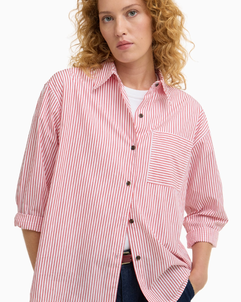 Barbour Polly striped shirt red, front detail view – Áines Boutique