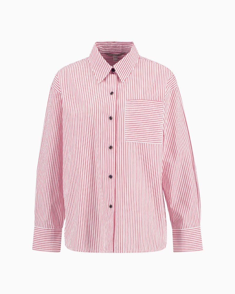Barbour Polly striped shirt red, flat lay front detail view – Áines Boutique