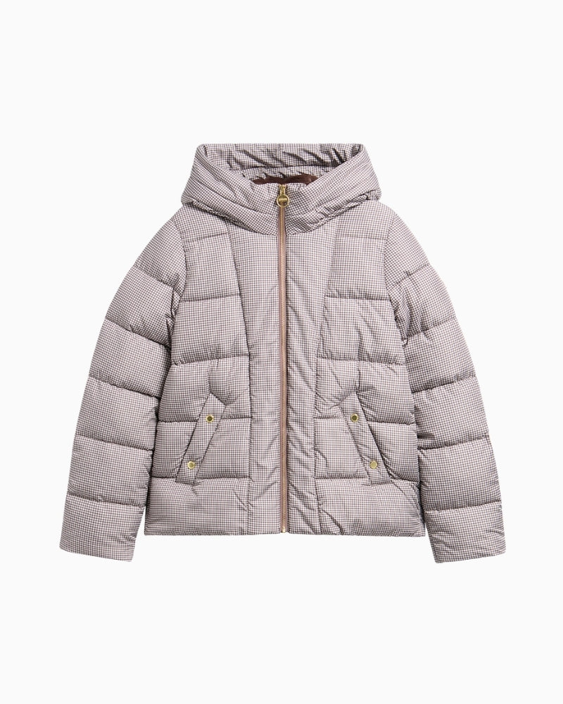 Barbour Printed Brantley Puffer Jacket in brown and cream check detail