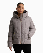 Barbour Printed Brantley Puffer Jacket in brown and cream front view