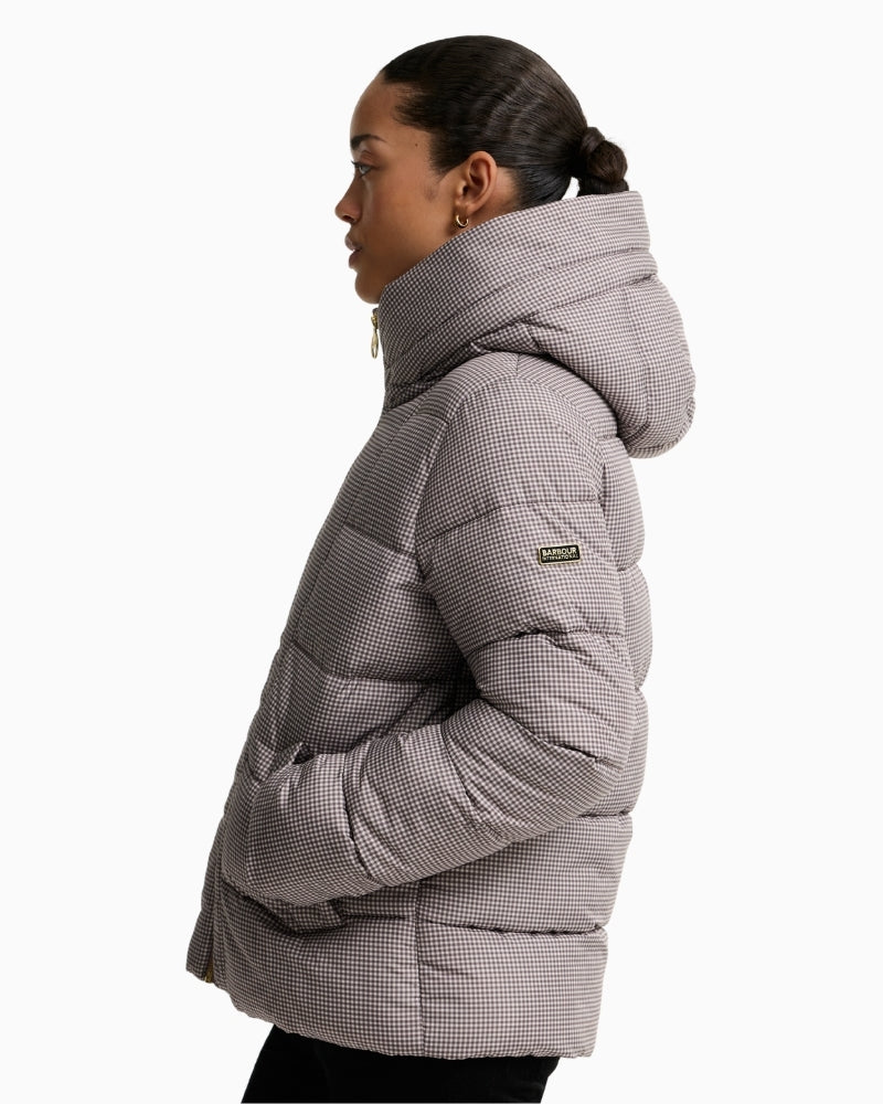 Barbour Printed Brantley Puffer Jacket in brown and cream side view