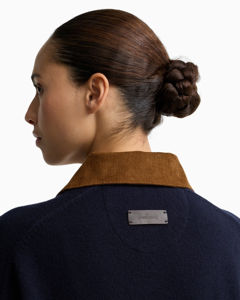 Barbour Ravenshill Jumper Navy back neck Barbour badge