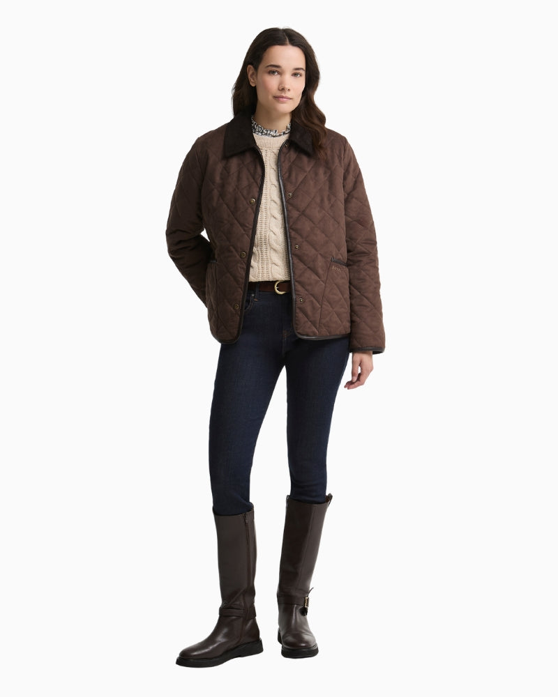 Barbour Sonya jacket side view worn styling dark brown