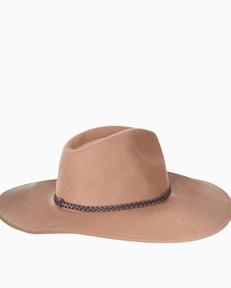 Back view of camel Barbour wool felt fedora hat
