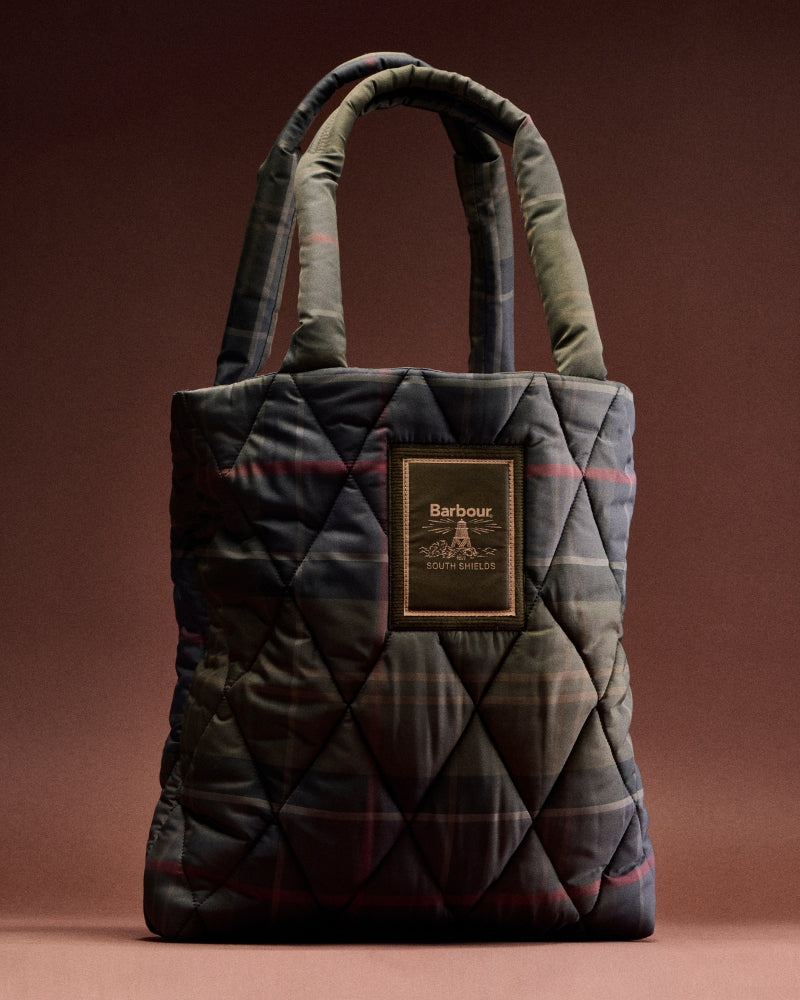 Barbour Tartan Arlene Quilted Tote in Tartan front logo patch detail