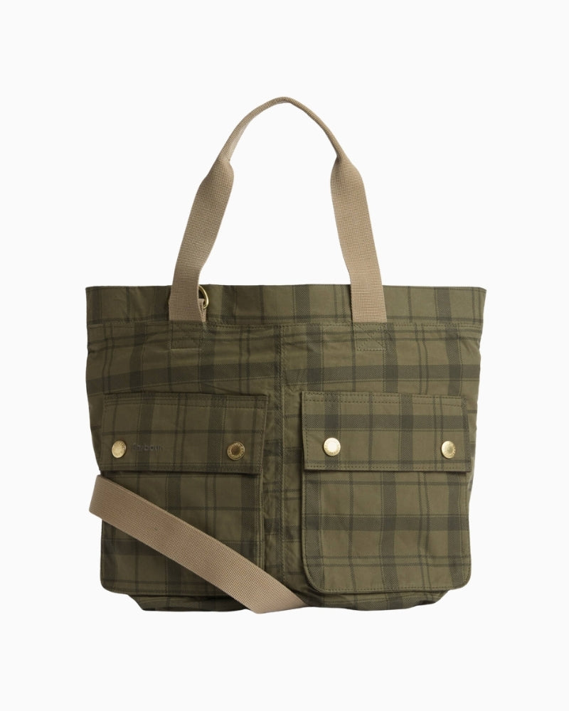 Barbour Transport Carry-All Tote Bag in dusky green tartan front view