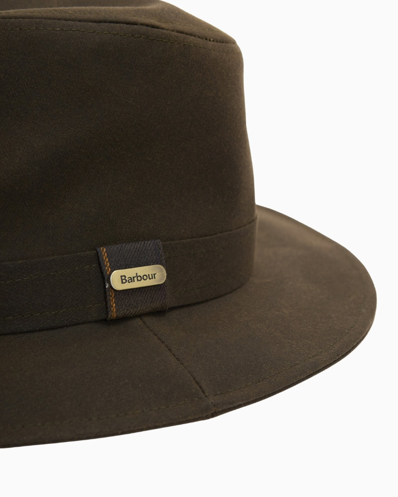 Barbour Vintage Wax Bushman Hat in Olive logo badge detail