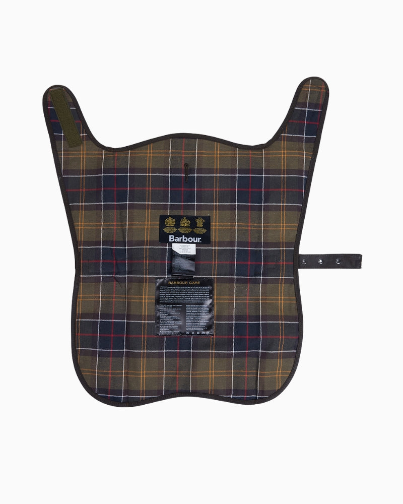 Olive Barbour Waxed Dog Coat with tartan lining and cord collar