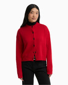 Barbour Woodhouse Cashmere Cardigan in Red front view on model