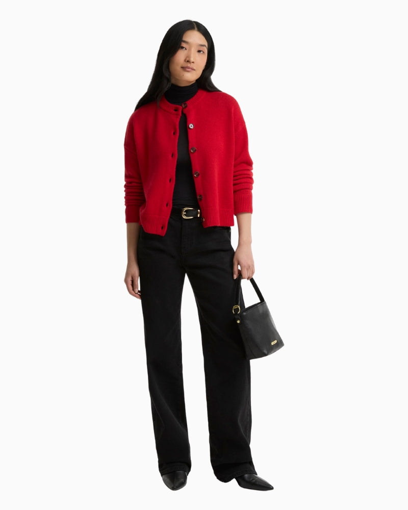Barbour Woodhouse Cashmere Cardigan in Red full outfit styling view