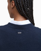 Barbour Woodhouse Cashmere Jumper Navy back neck with Barbour metal badge