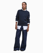 Barbour Woodhouse Cashmere Jumper Navy styled with jeans