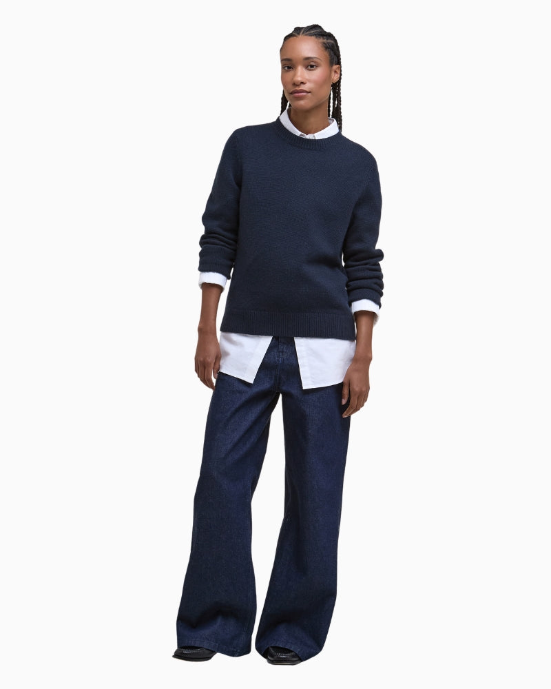 Barbour Woodhouse Cashmere Jumper Navy styled with jeans