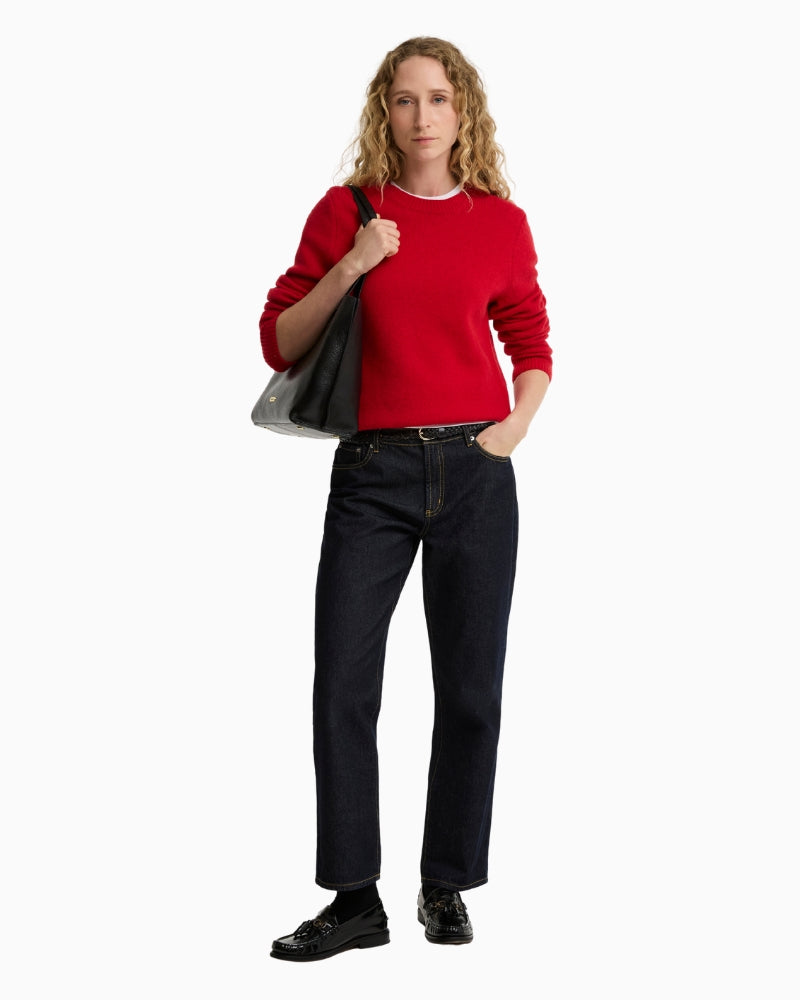 Barbour Woodhouse Cashmere Jumper Red styled with jeans