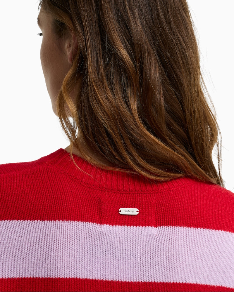 Barbour Woodhouse Striped Cashmere Jumper in Red Stripe back neck logo detail
