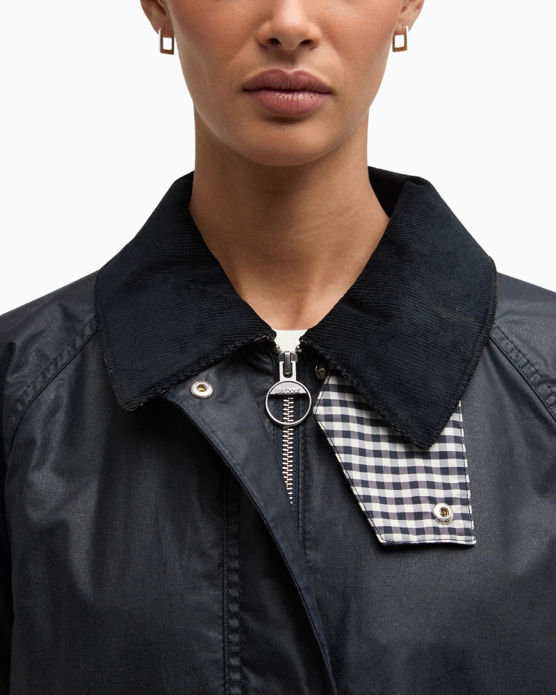 Barbour Wren wax jacket navy zip and stud fastening