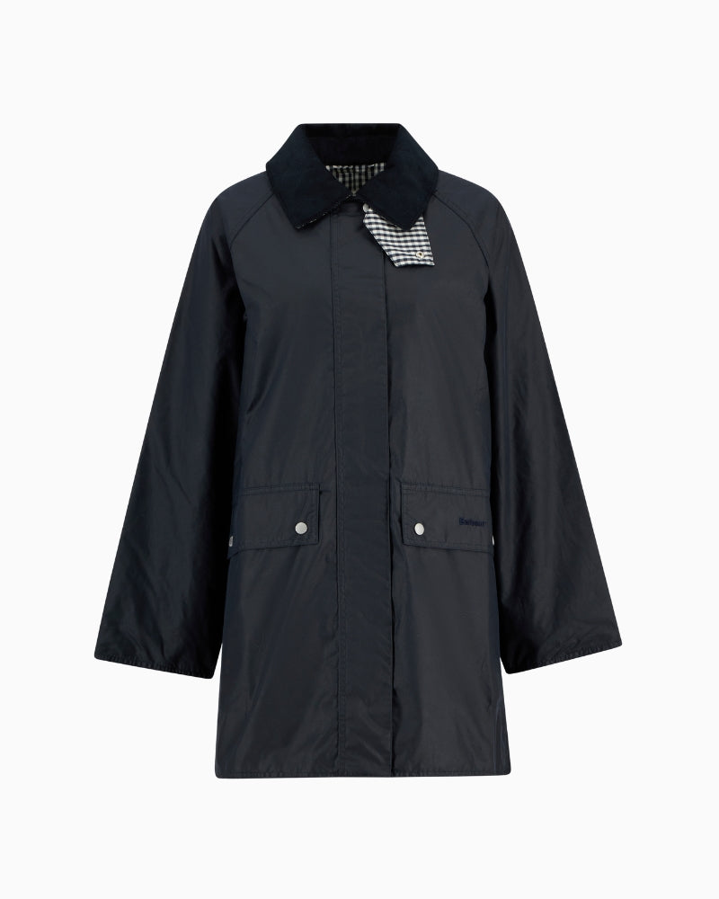 Barbour Wren wax jacket navy flat lay front view – Áines Boutique