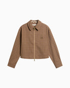 Barbour brown tartan cropped shirt jacket front view zip detail