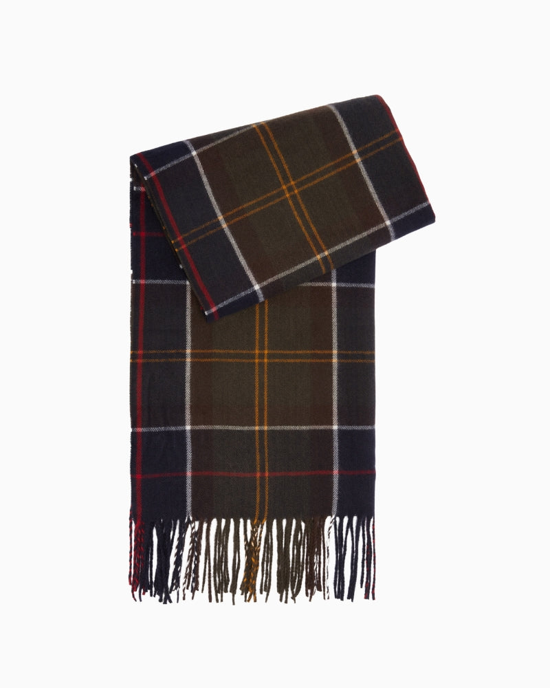 Barbour navy and green tartan scarf folded showing multicolour check pattern