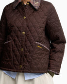 Barbour quilted jacket dark brown front detail gold buttons pockets