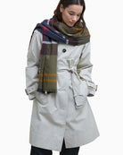 Barbour scarf fringed ends navy green tan pattern
