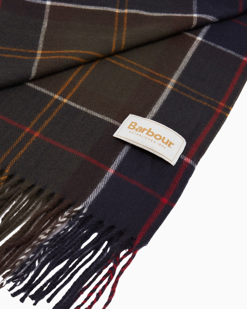 Barbour scarf swatch detail showing brand label and tartan pattern