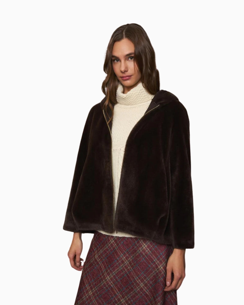 Front view of Bariloche Calipolis chocolate faux fur bomber coat