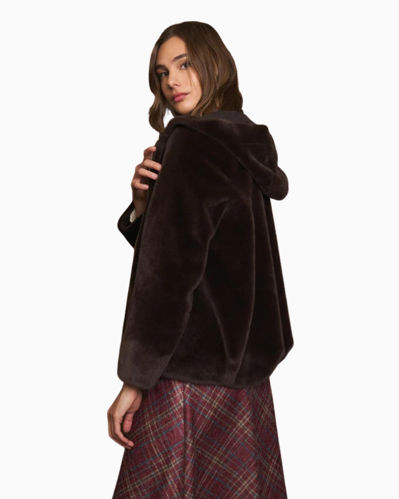 Back view of hooded faux fur coat in rich chocolate colour
