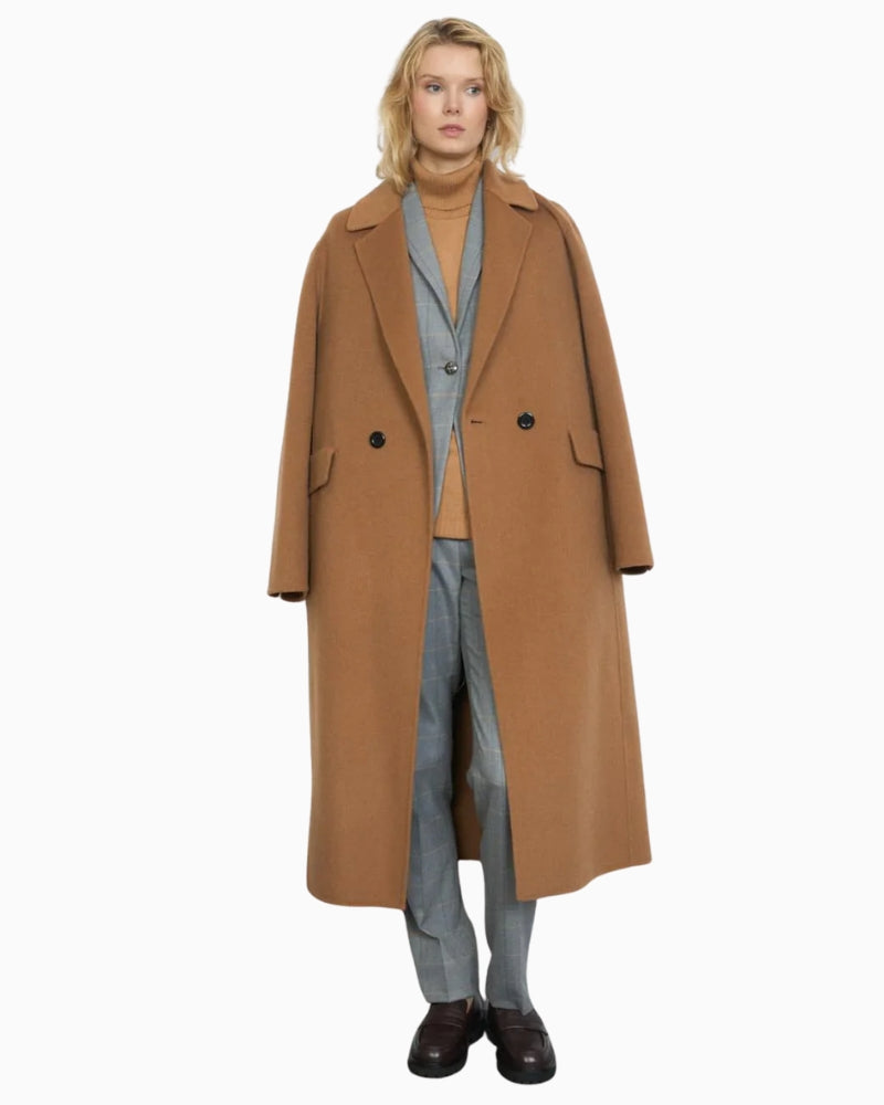 Front view of Bariloche Caraca camel wool blend coat with notched lapel