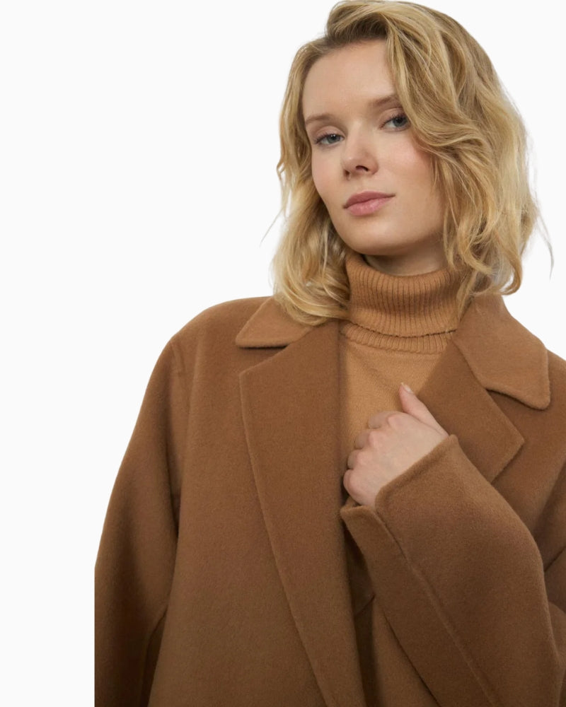 Close-up of wool blend fabric and two-button front fastening