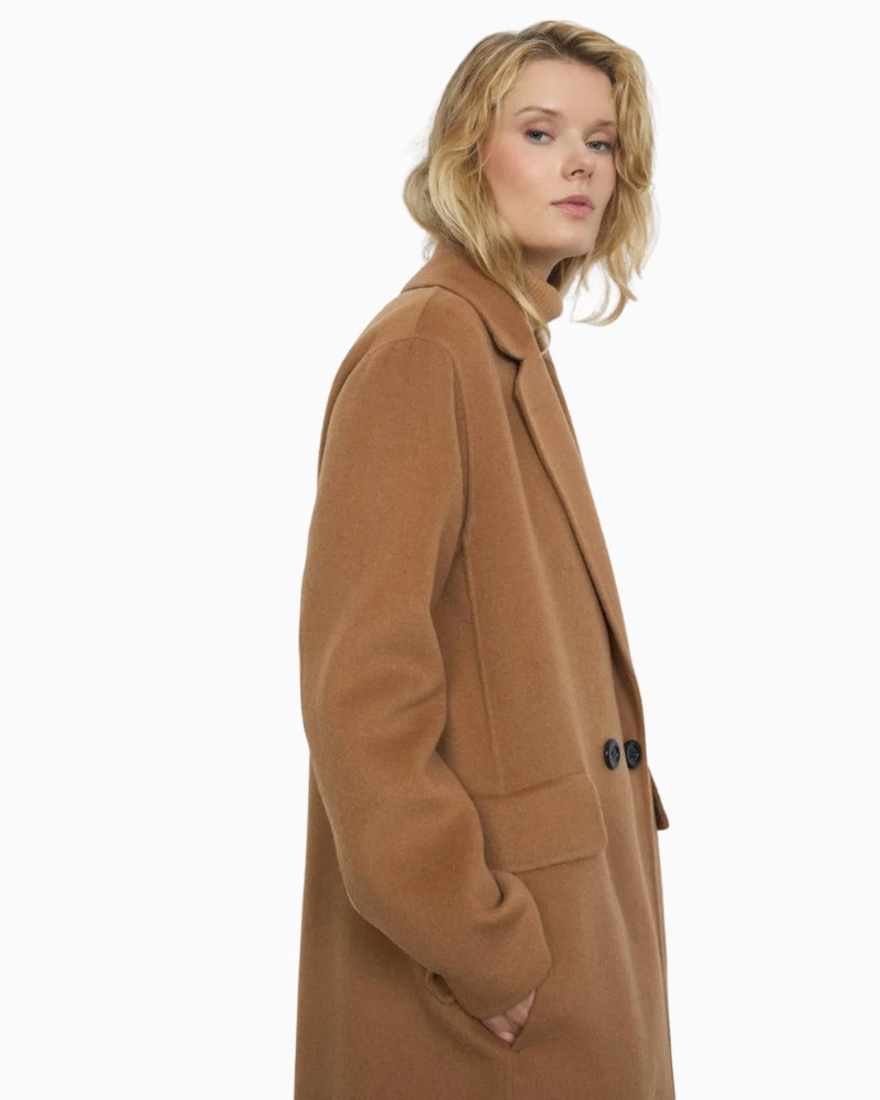 Detail of coat lapel, sleeve and soft wool texture in carmel shade