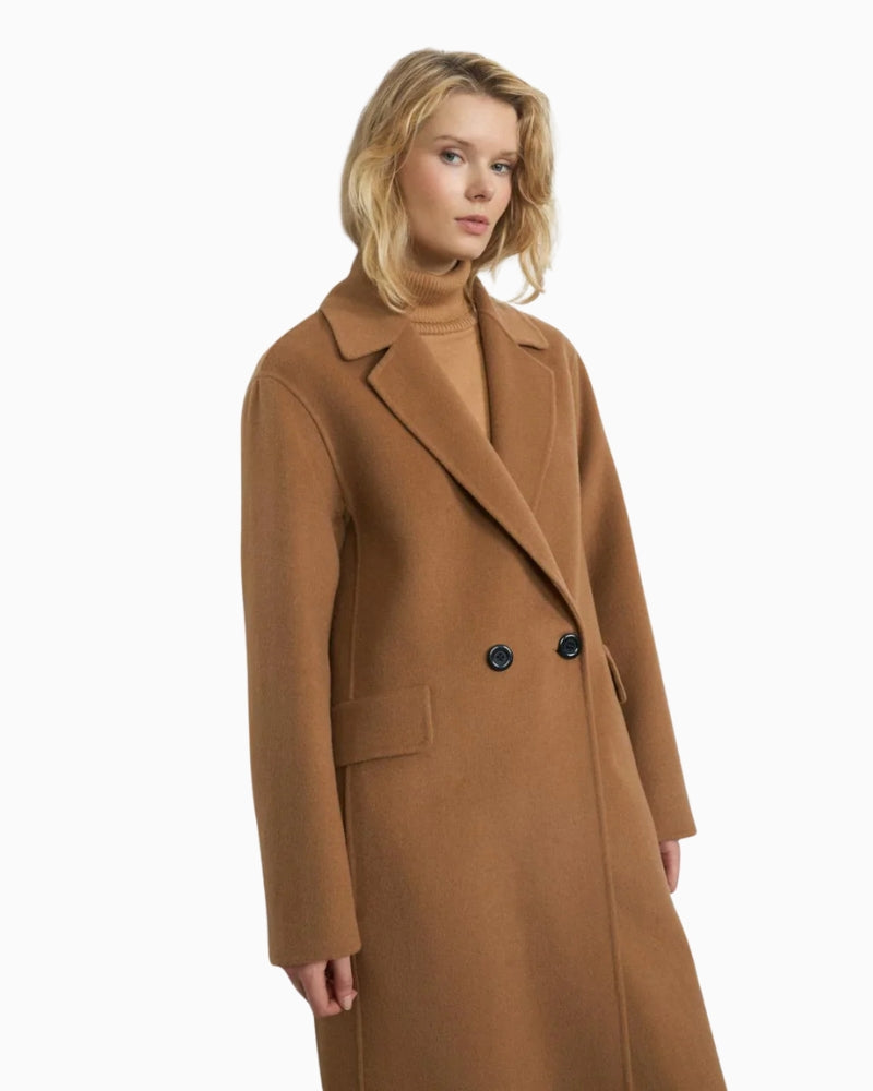 Close-up of wool blend fabric and two-button front fastening