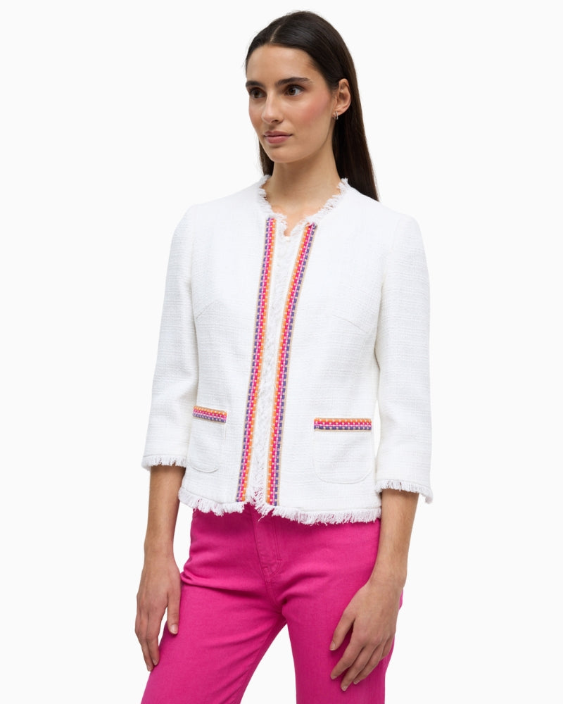 Bariloche Acebo white Chanel jacket, front view on model – Áines Boutique