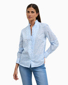 Bariloche Algaba blue shirt, front view on model – Áines Boutique
