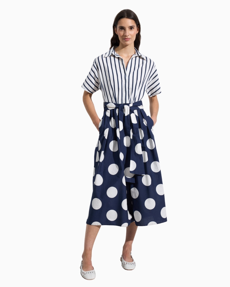 Bariloche Daroca navy and white shirt dress, front view on model – Áines Boutique