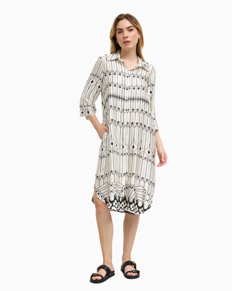 Bariloche Gabias white and black shirt dress, front view on model – Áines Boutique