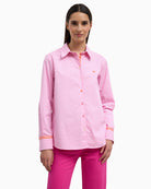 Bariloche Vereda pink shirt, front view on model – Áines Boutique