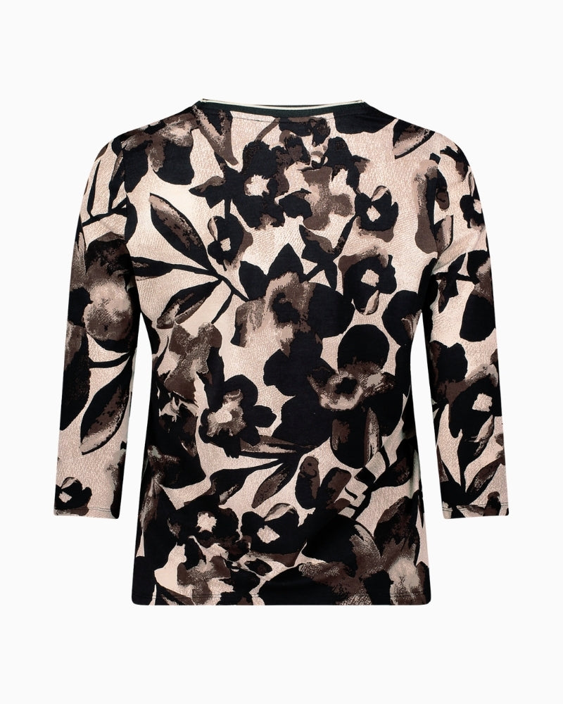 Back view of fitted floral tee showing soft stretch fabric and neat fit