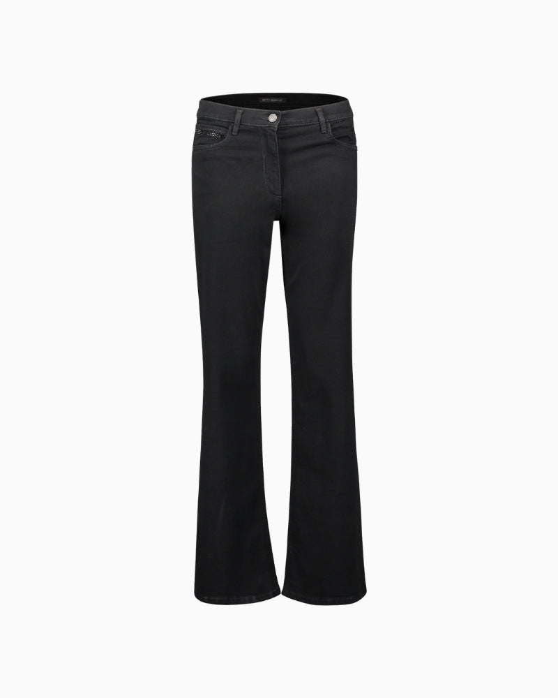 Front view of Betty Barclay dark denim trousers with relaxed fit and five-pocket style