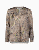Front view of Betty Barclay long paisley blouse with V-neckline and pleat detail
