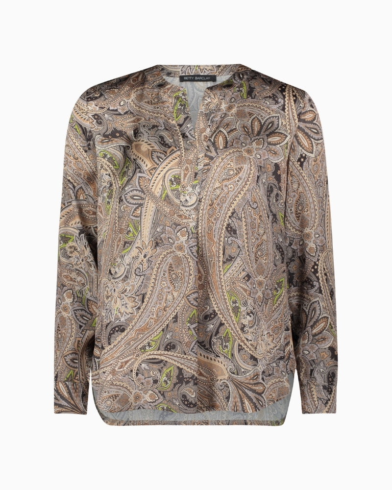 Front view of Betty Barclay long paisley blouse with V-neckline and pleat detail