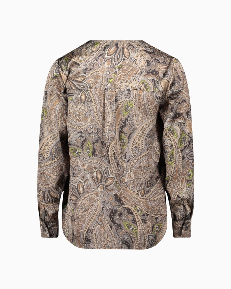 Back view of long blouse with all-over paisley print and relaxed silhouette