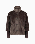Plush A-line jacket with stand-up collar and press-stud front