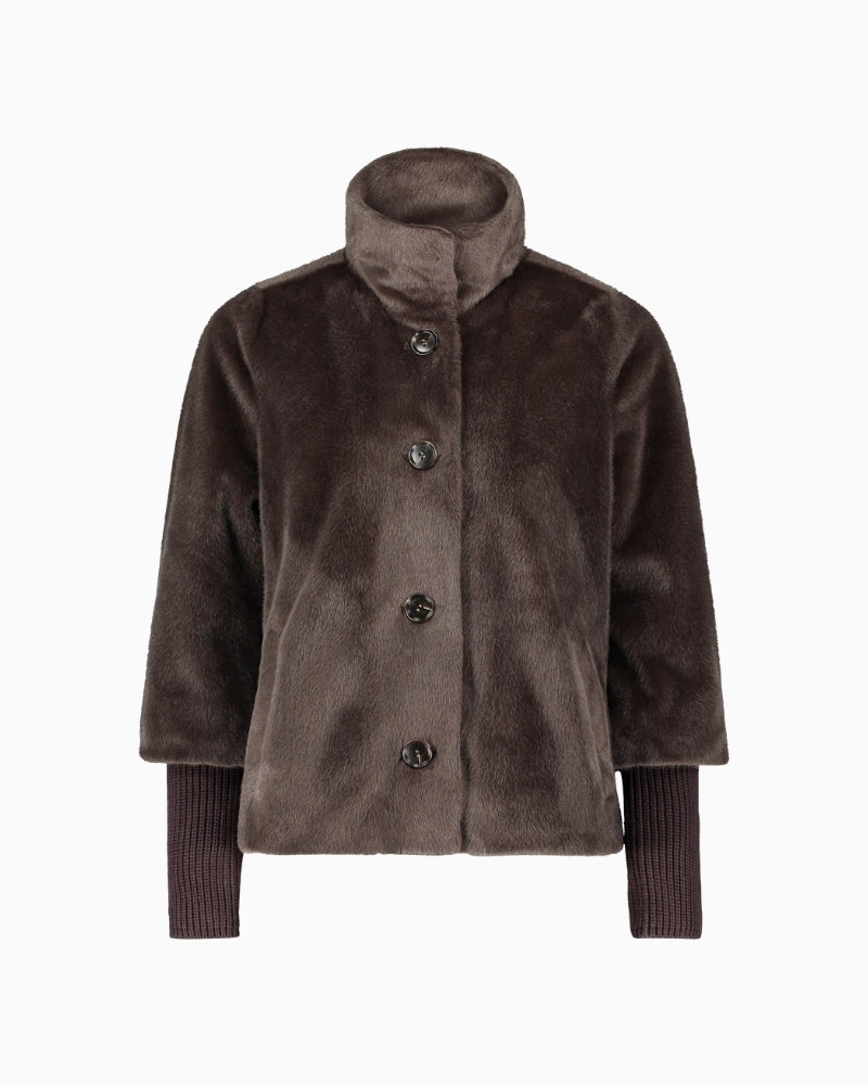 Plush A-line jacket with stand-up collar and press-stud front