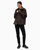 Plush A-line jacket with stand-up collar and press-stud front