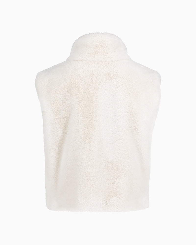 Back view of short plush gilet showing clean lines and soft texture