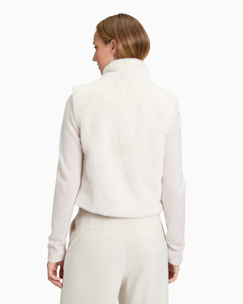 Back view of short plush gilet showing clean lines and soft texture